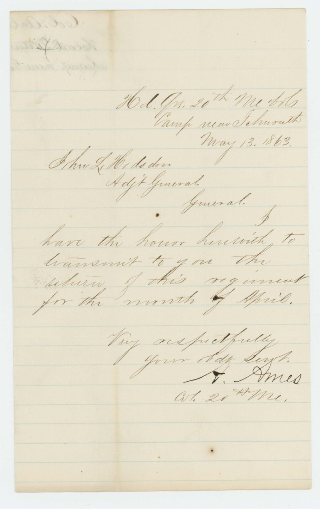 Miniature of Colonel Ames sends the April monthly return [not attached]