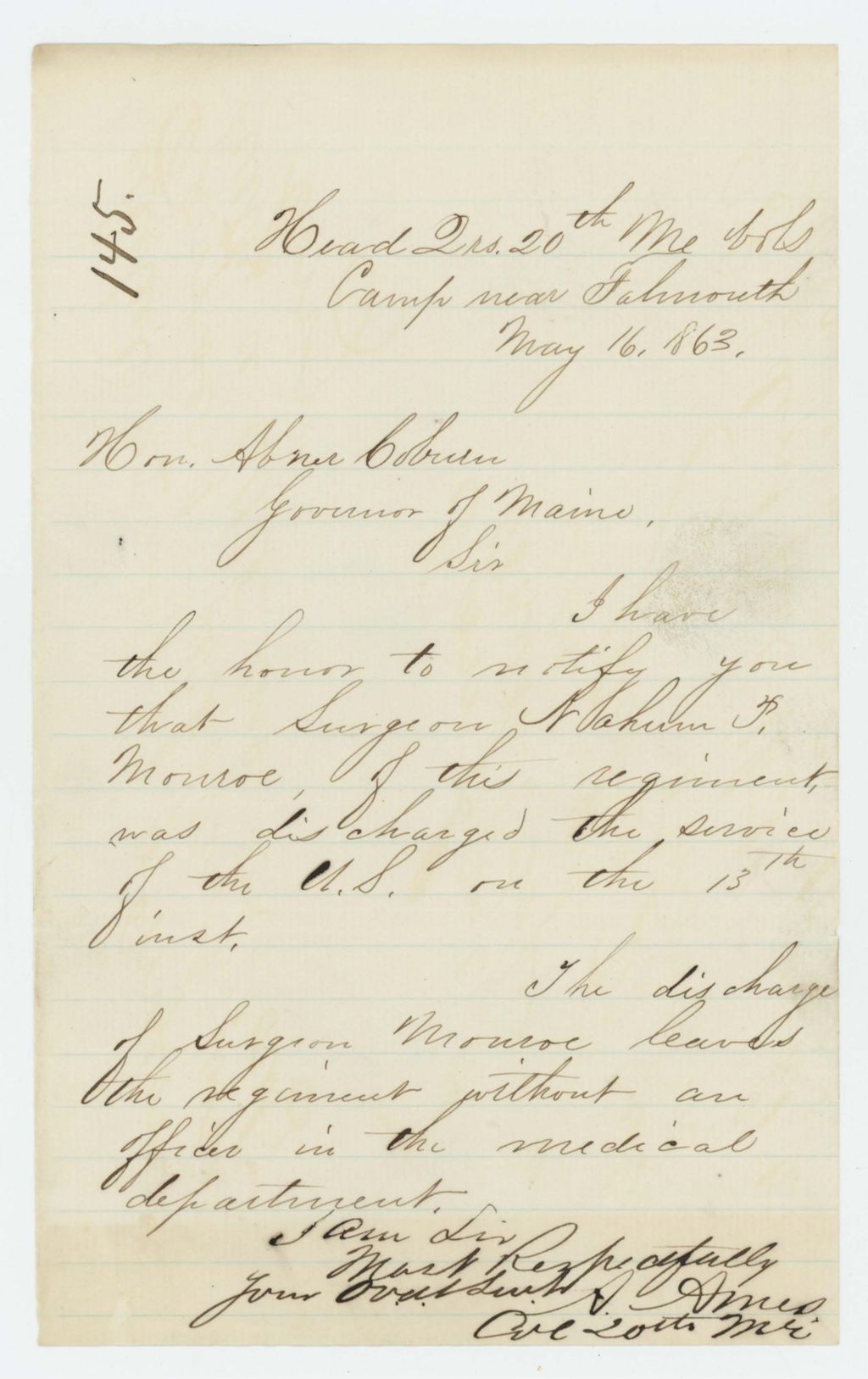 Miniature of Colonel Ames informs Governor Coburn of the discharge of surgeon Nahum P. Monroe