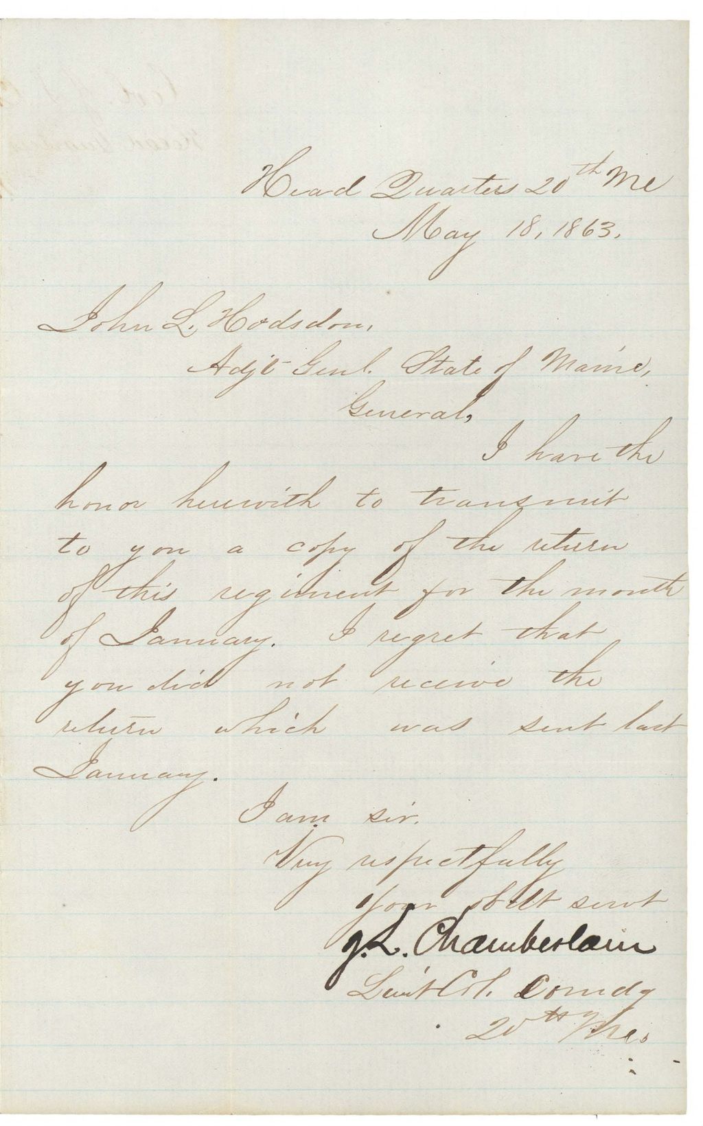 Miniature of Chamberlain writes to John Hodsdon regarding monthly returns