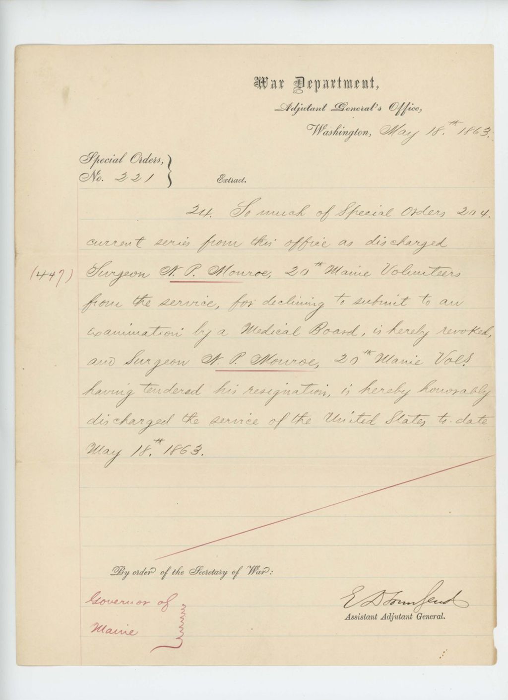 Miniature of Special Order 221, revoking first discharge of Surgeon Nahum P. Monroe, and honorably discharging him