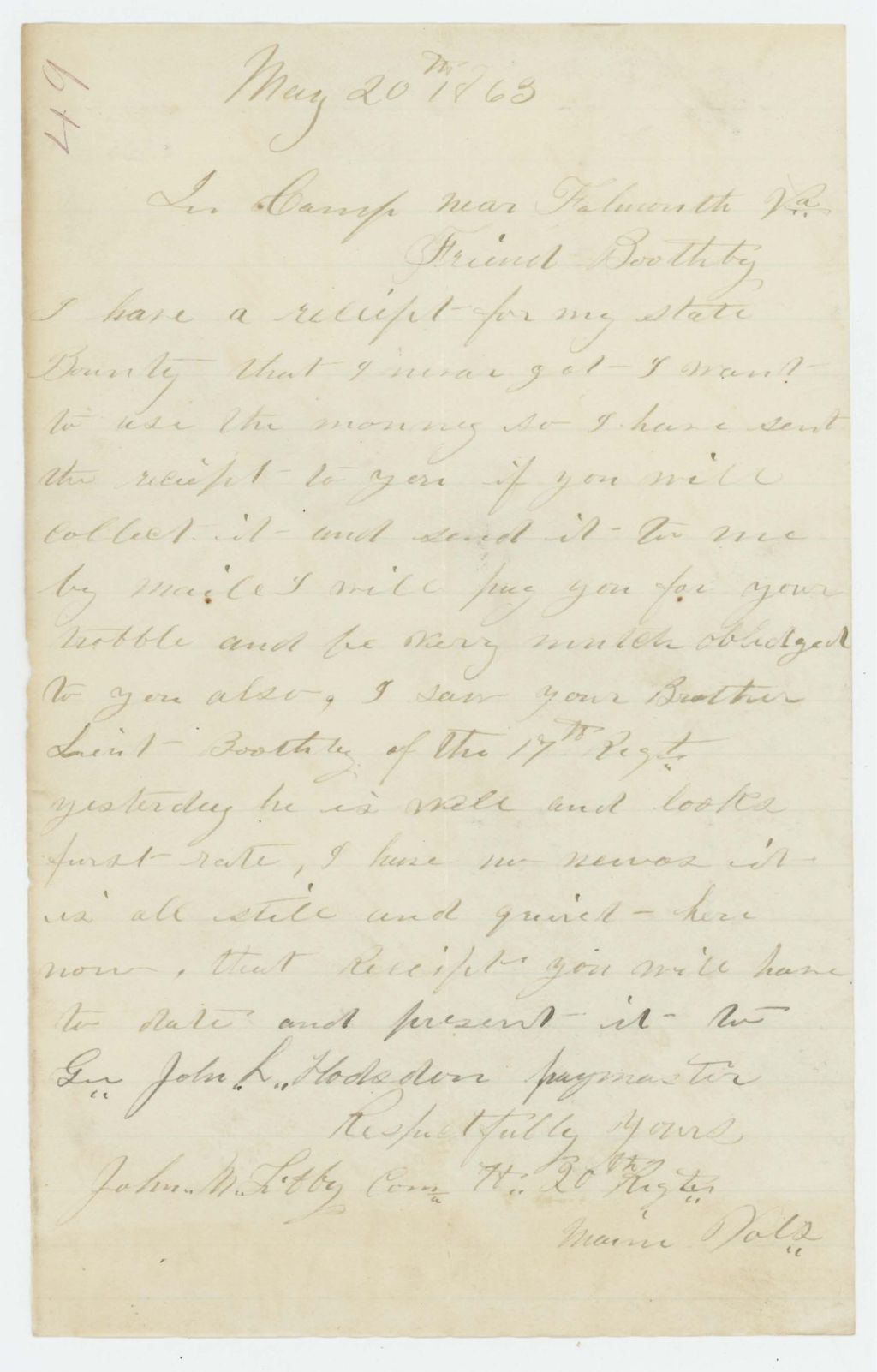 Miniature of John M. Libby writes to Mr. Boothby requesting his state bounty