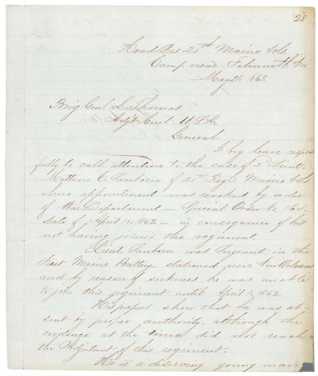 Miniature of Chamberlain writes to Brigadier General Thomas regarding Mattson Sanborn