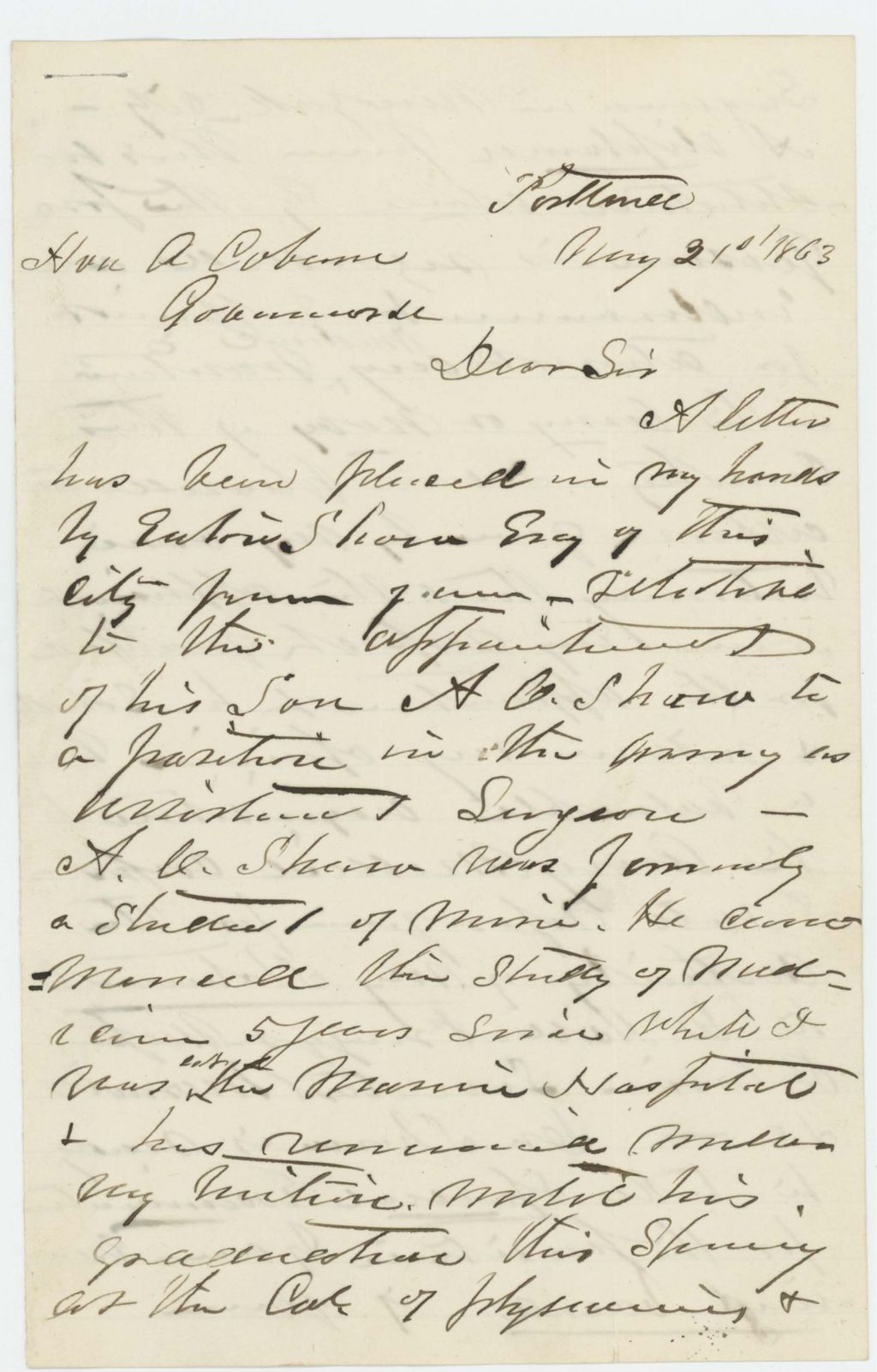 Miniature of Dr. Tewksbury recommends his medical student A. Shaw for a position