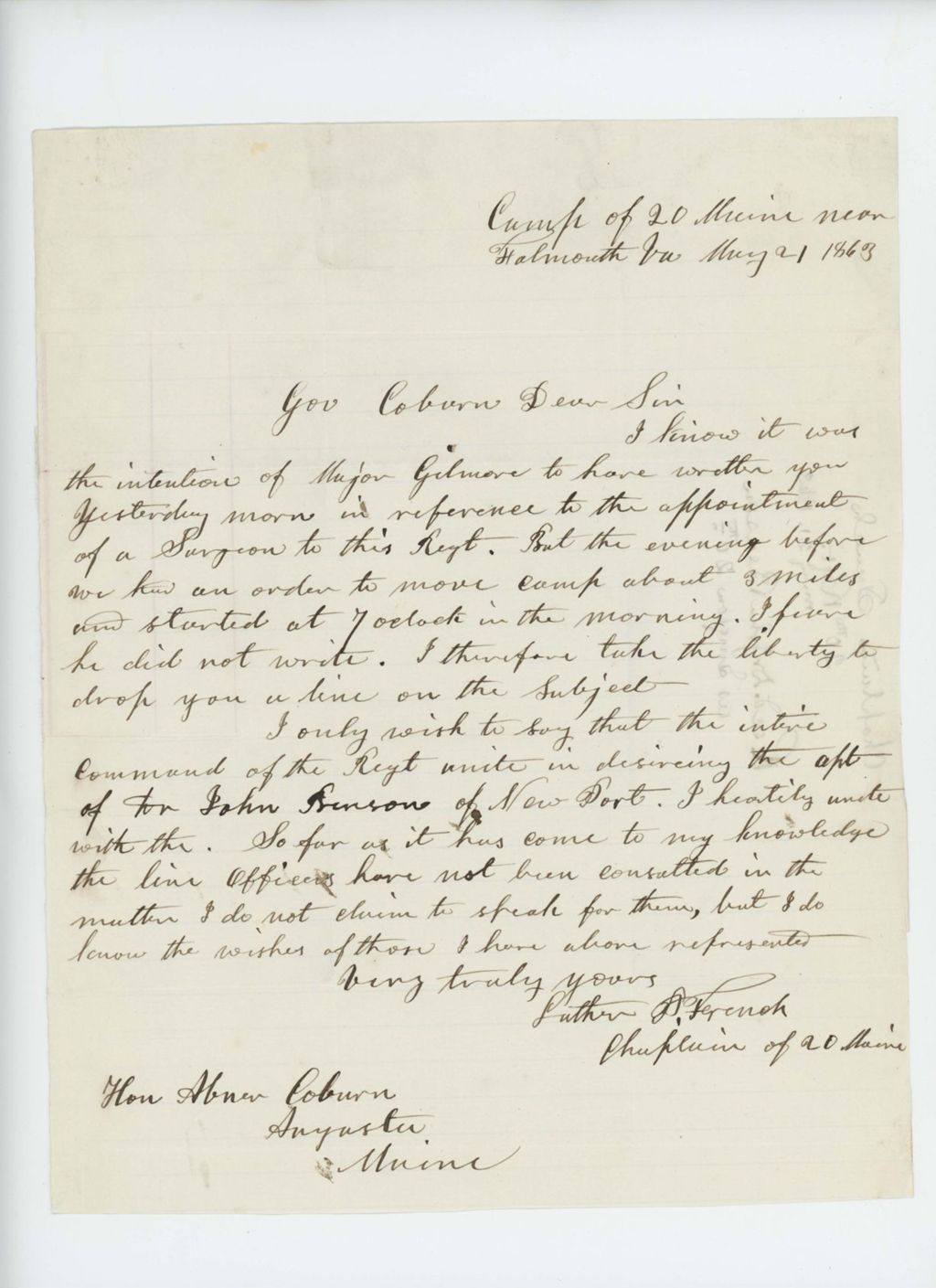 Miniature of Chaplain Luther D. French recommends Dr. John Benson for surgeon