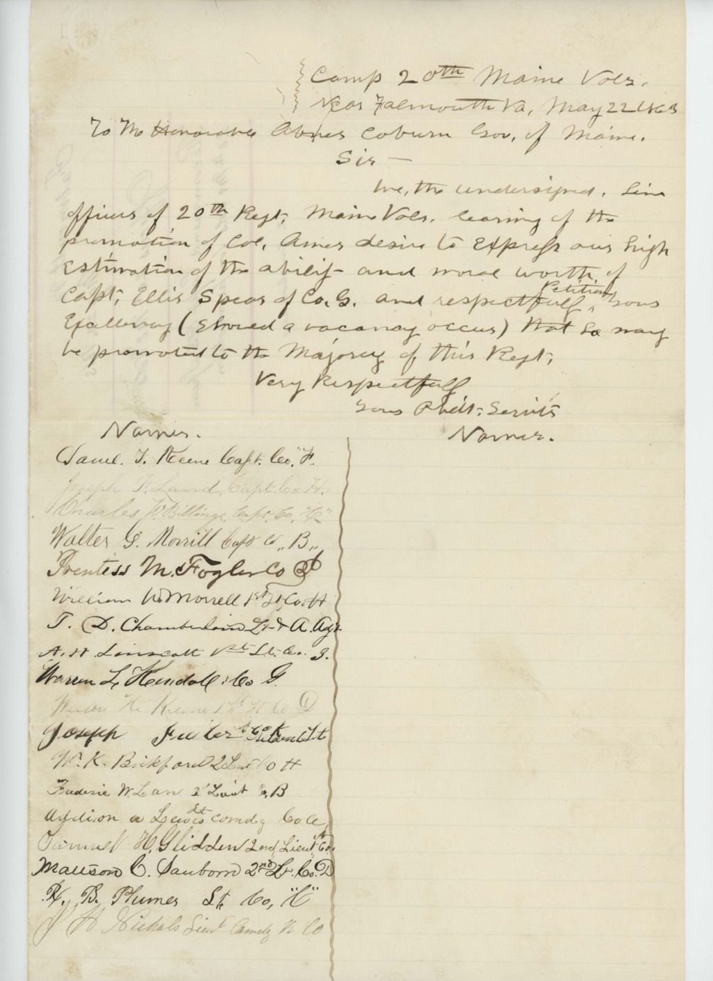 Miniature of Captain Samuel Keene and other officers recommend Captain Ellis Spear for promotion to Major