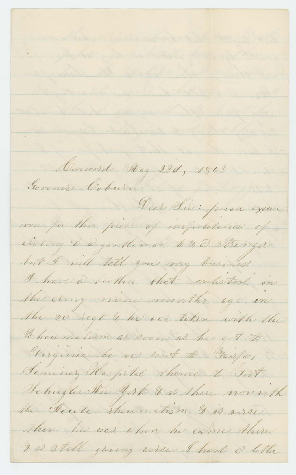 Miniature of Philena Higgins requests her brother William H. Foss be discharged due to ill health