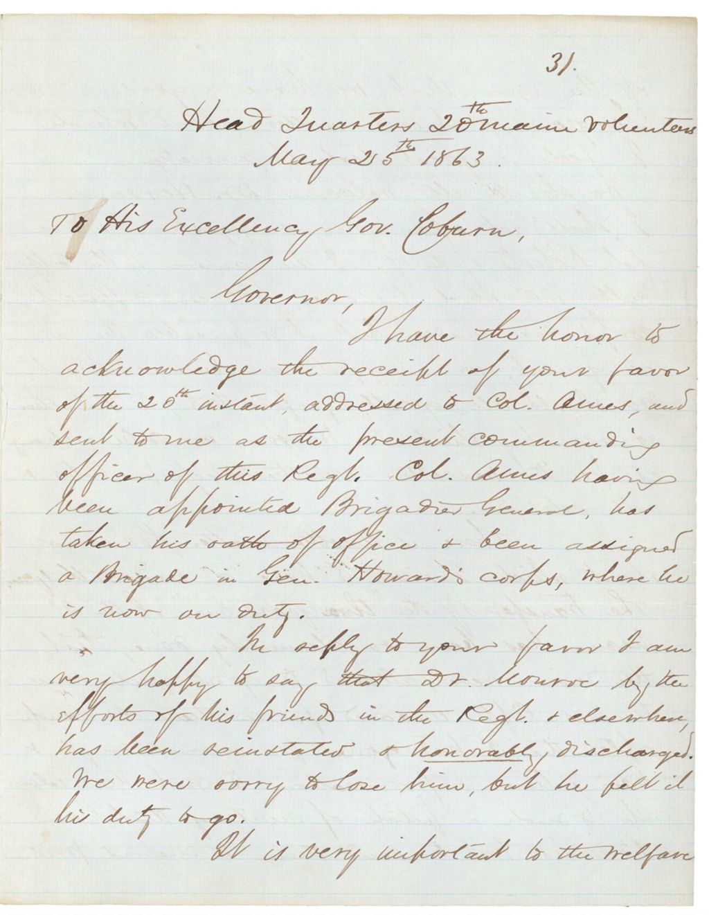Miniature of Chamberlain writes to Governor Coburn on behalf of the men of the 2nd Regiment