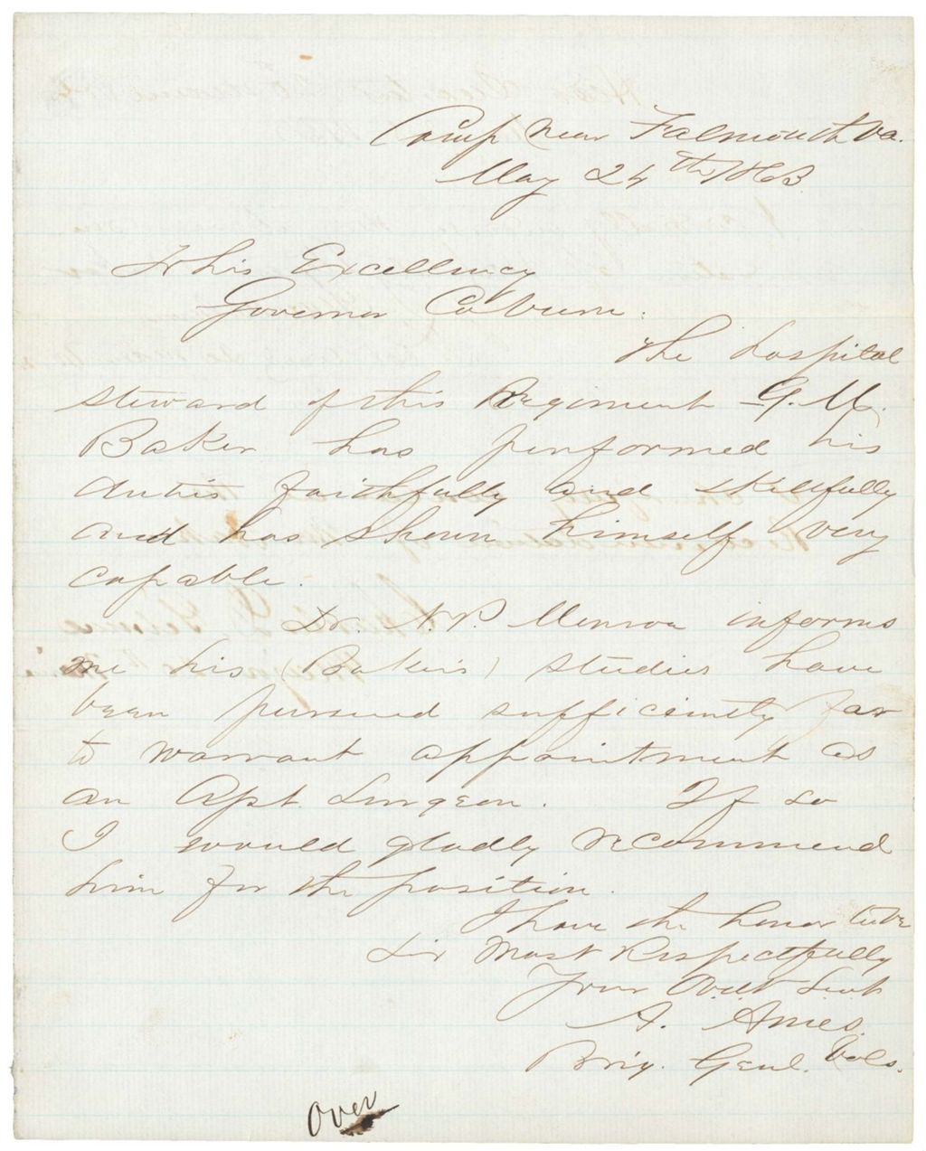 Miniature of Endorsement of hospital steward G.M. Baker by Adelbert Ames, Joshua Chamberlain, and Charles Gilmore
