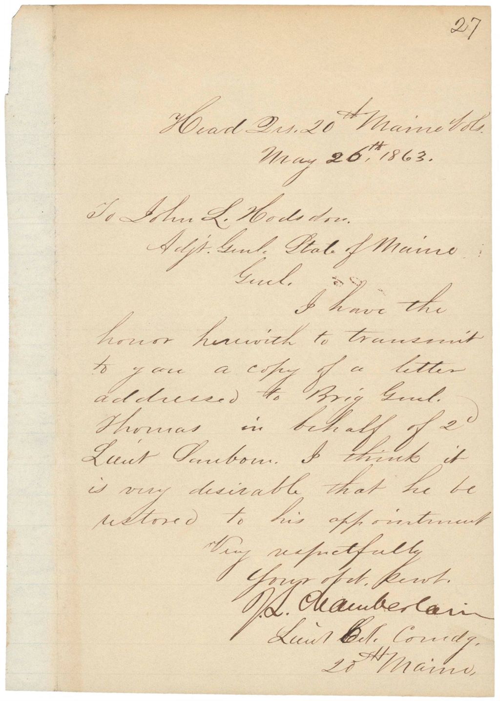 Miniature of Chamberlain writes to Adjutant General Hodsdon and Brigadier General Thomas regarding Lt. Sanborn