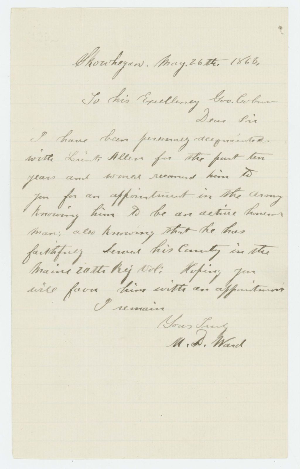 Miniature of N.D. Ward recommends Lieutenant Allen for an appointment in the US Army