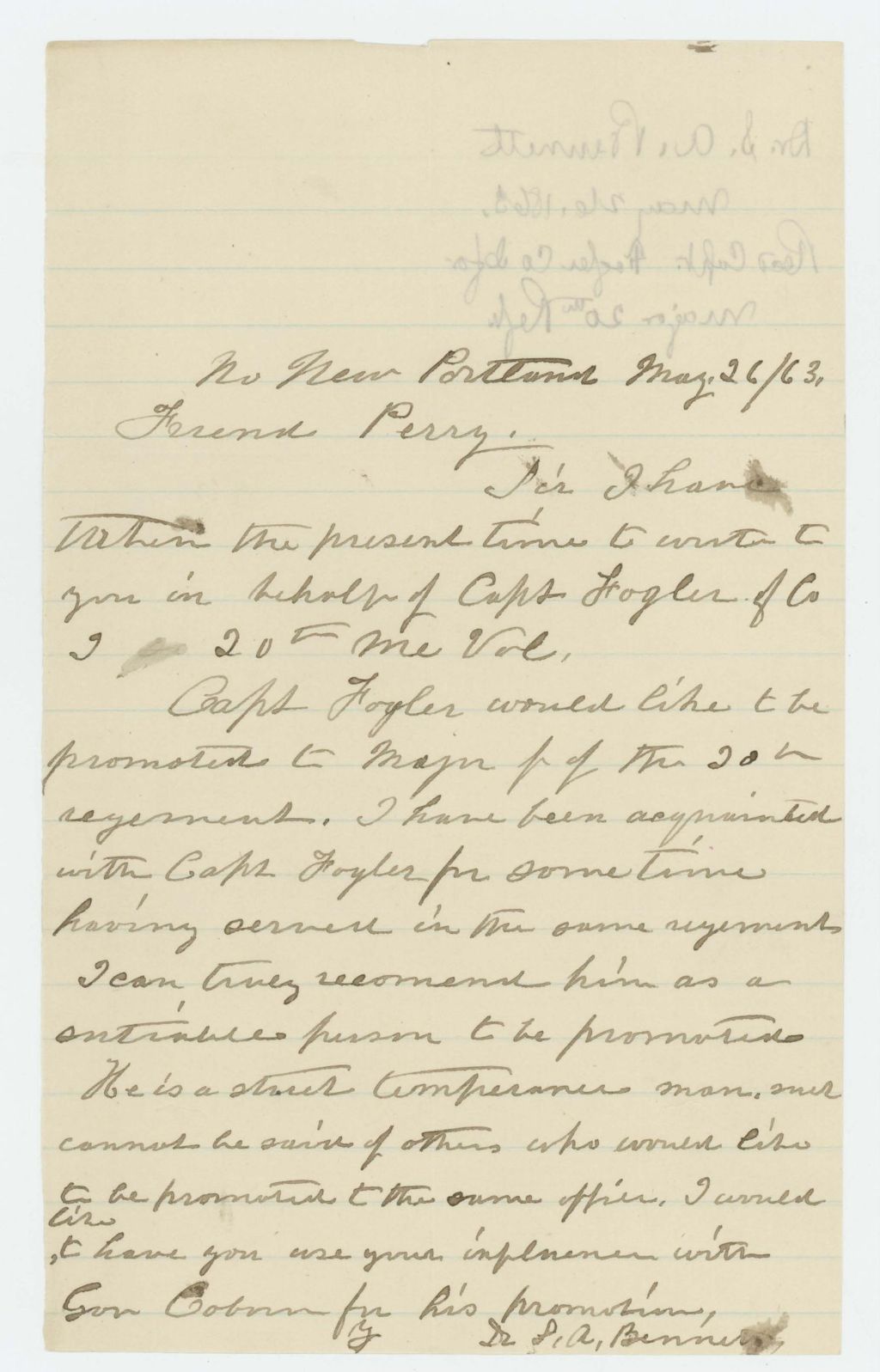 Miniature of Dr. S.A. Bennett recommends Captain Fogler for promotion