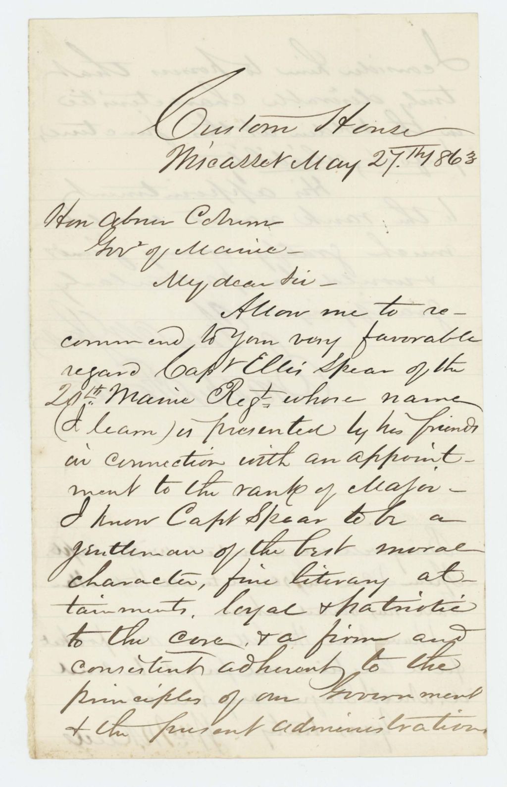 Miniature of Erastus Foote recommends Ellis Spear for promotion to Major