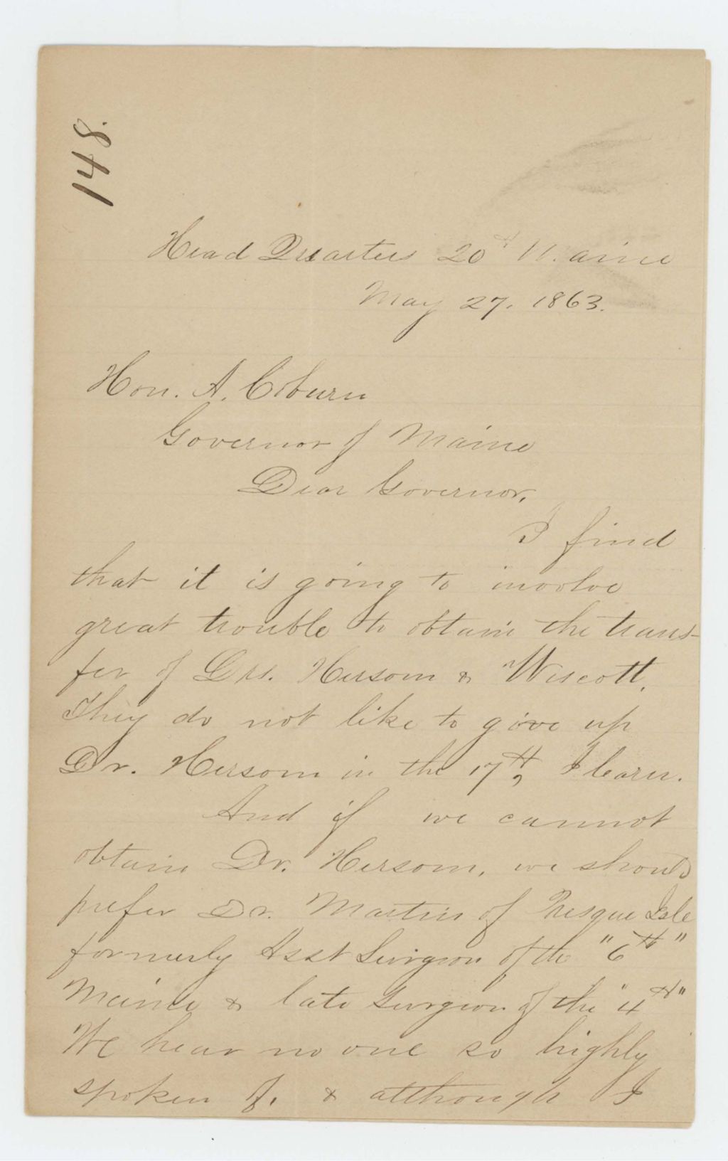 Miniature of Joshua Chamberlain writes to Governor Abner Coburn regarding Dr. Martin