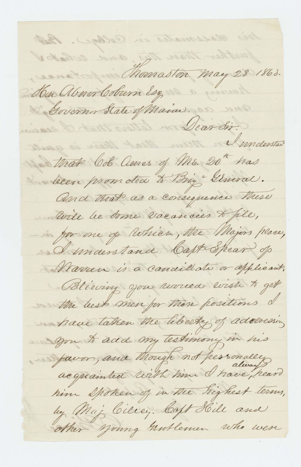 Miniature of C. Prince recommends Ellis Spear for promotion instead of Captain Clark