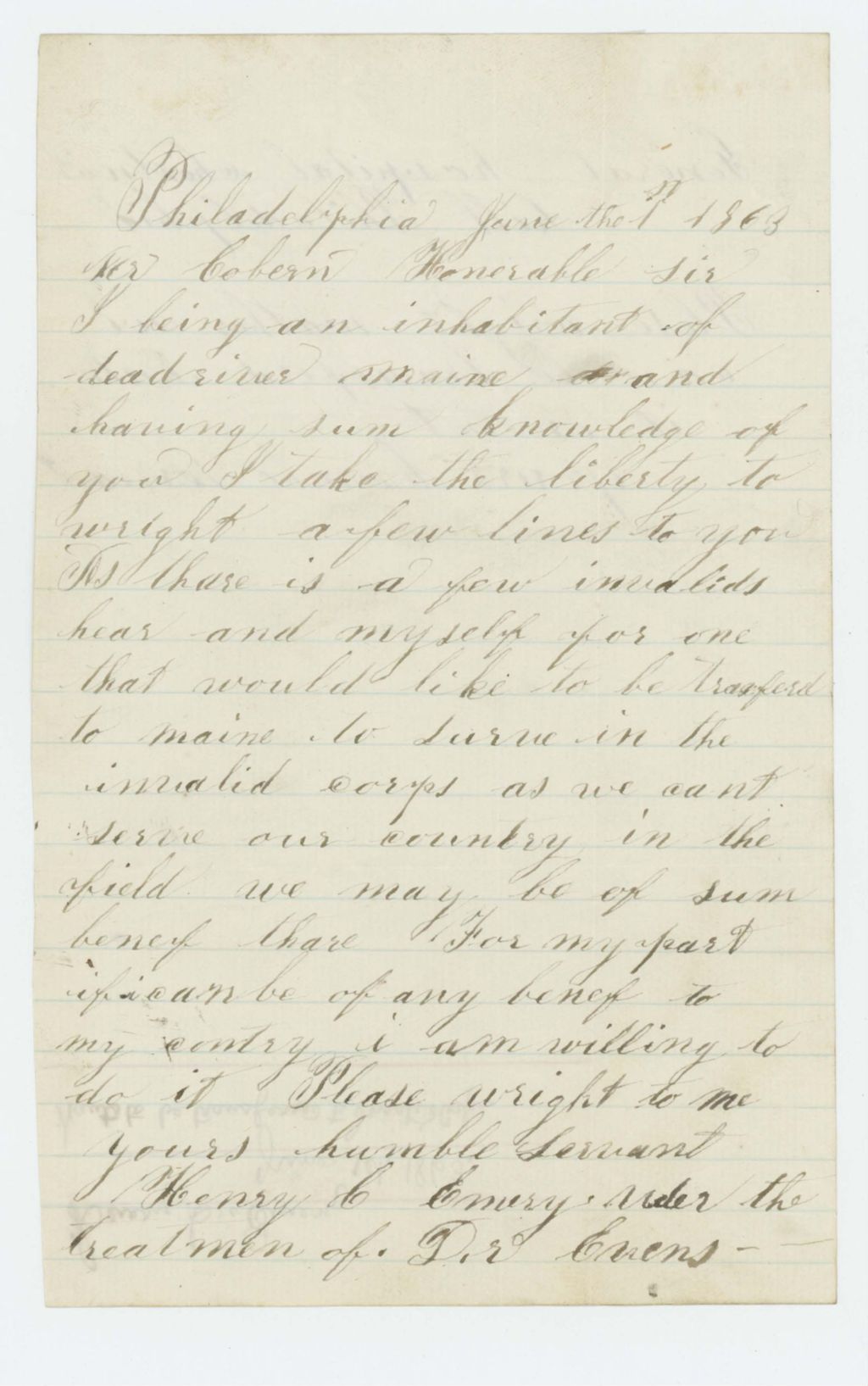 Miniature of Henry Emery requests a transfer to the Invalid Corps