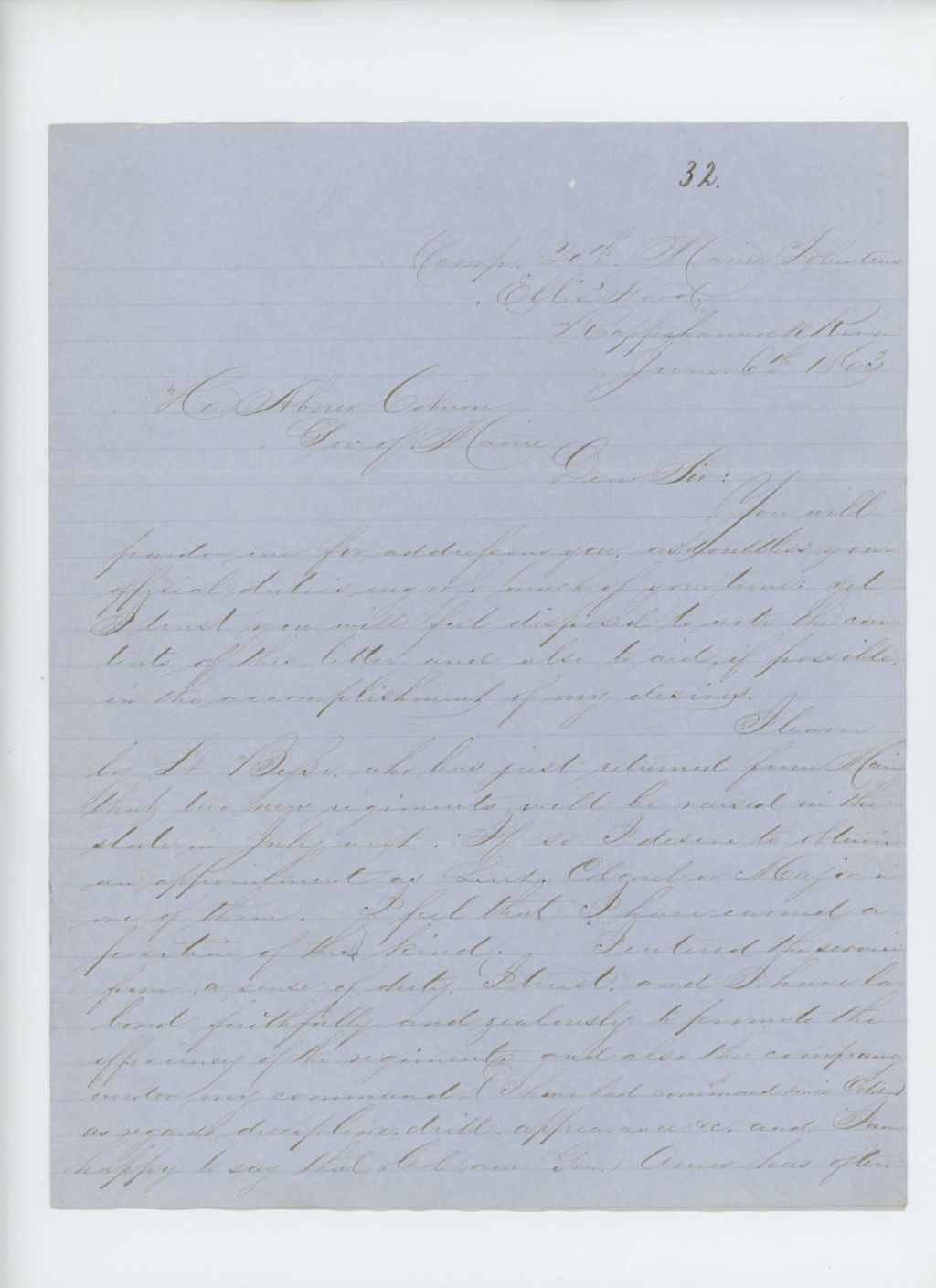Miniature of Captain Prentiss M. Fogler requests a staff appointment in a new regiment