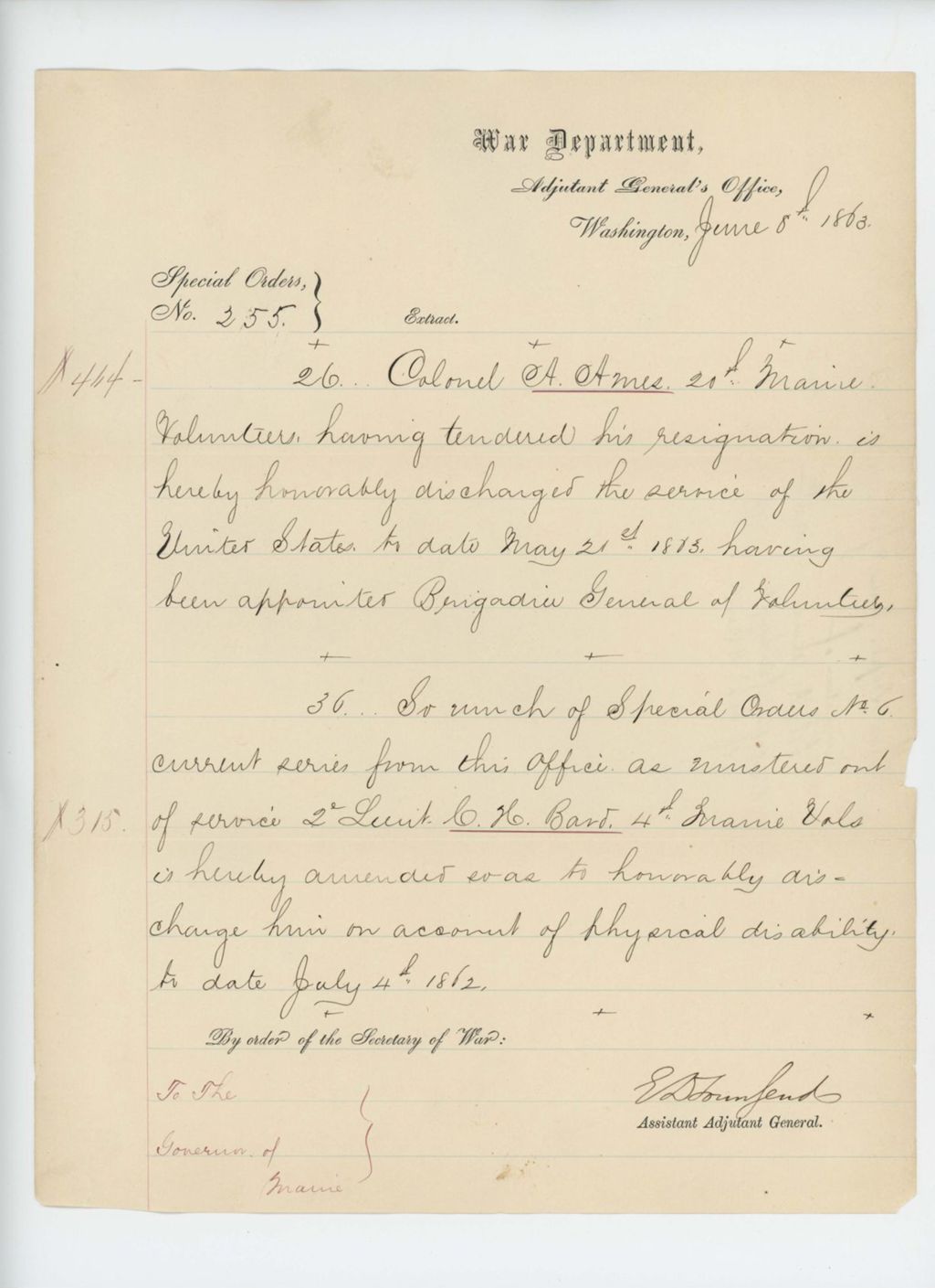 Miniature of Special Order 255 honorably discharging Colonel Ames and appointing him Brigadier General