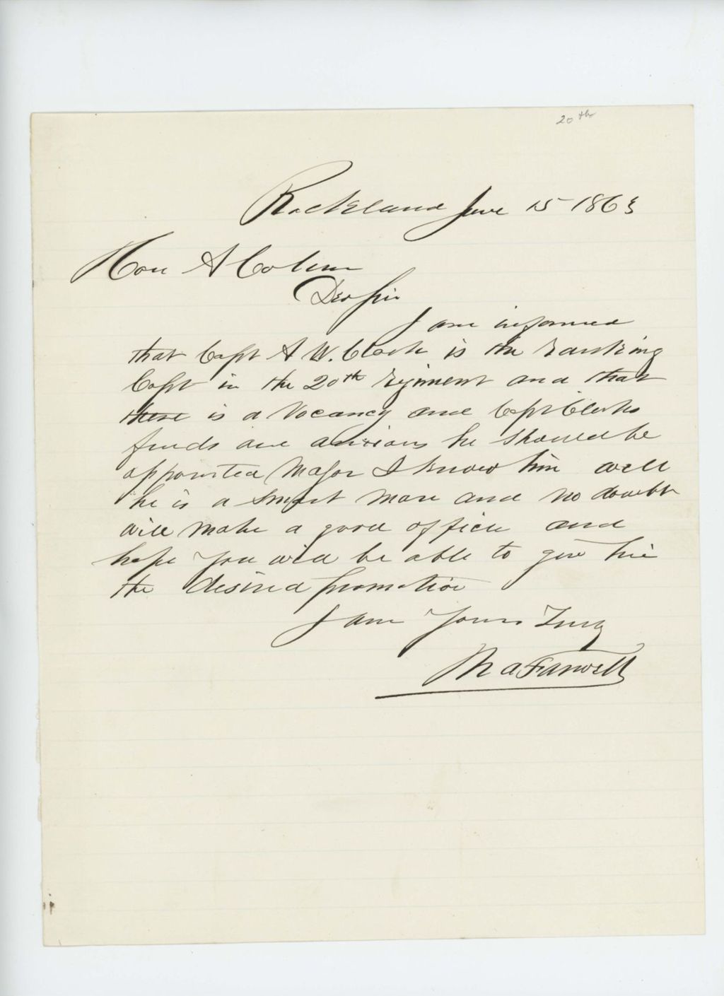 Miniature of Mr. Farwell recommends Captain Atherton W. Clark for promotion to Major