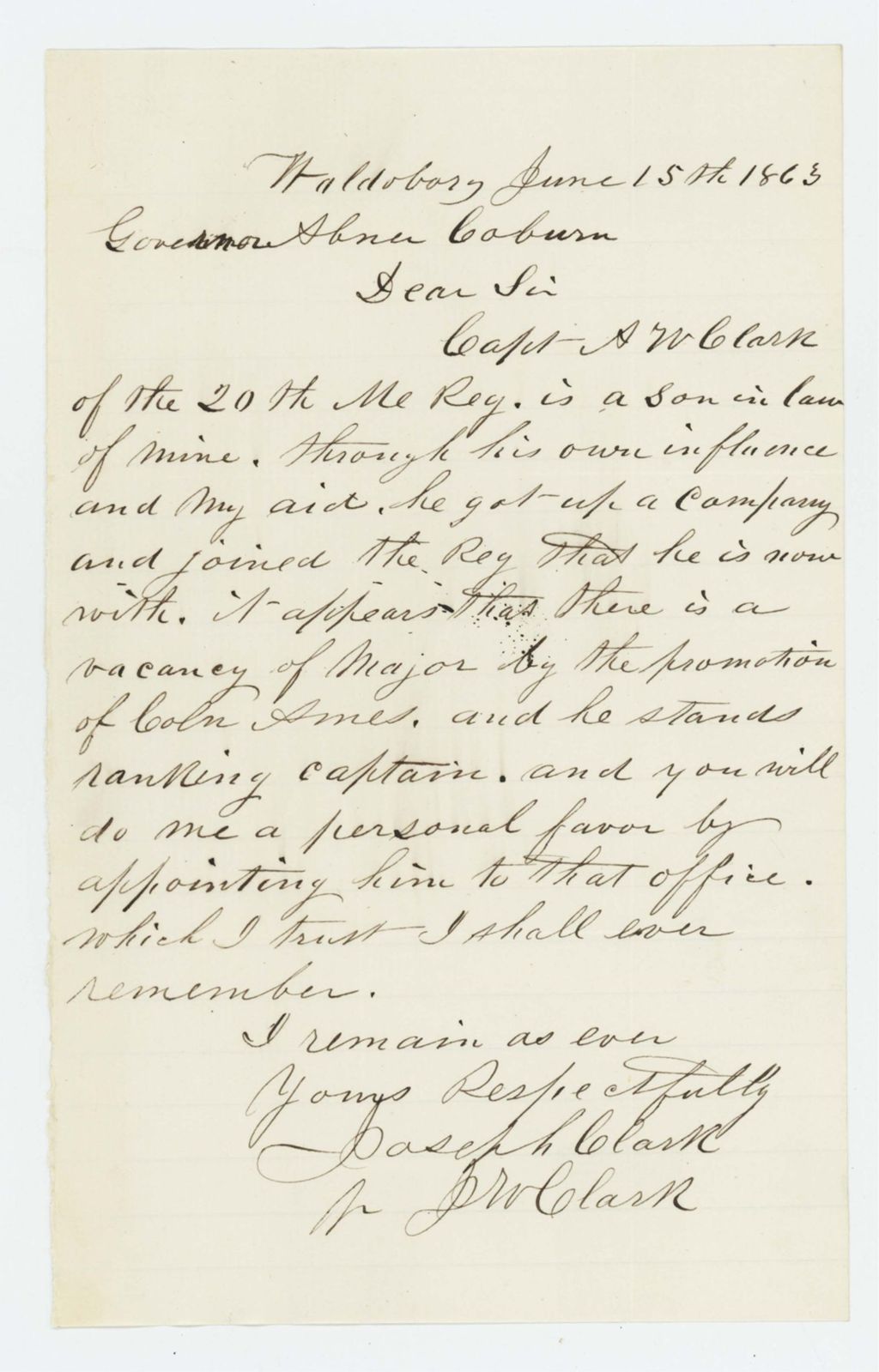 Miniature of Joseph Clark requests promotion of son-in-law Captain A.W. Clark