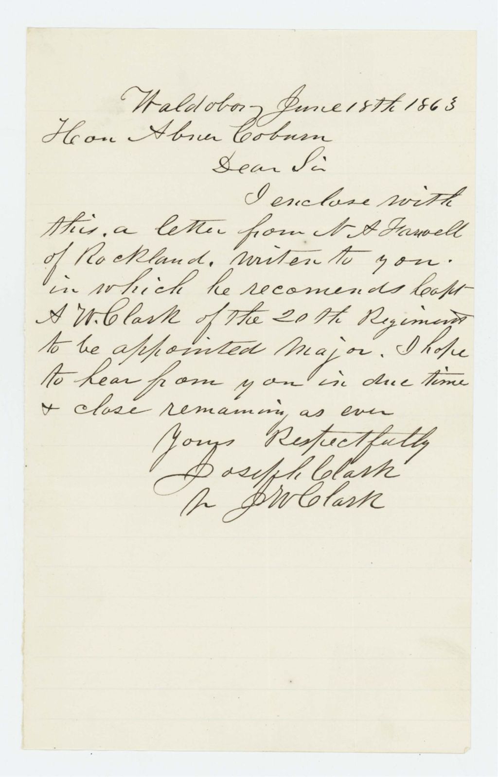 Miniature of Joseph W. Clark forwards a recommendation from N.A. Farwell regarding Captain Atherton W. Clark