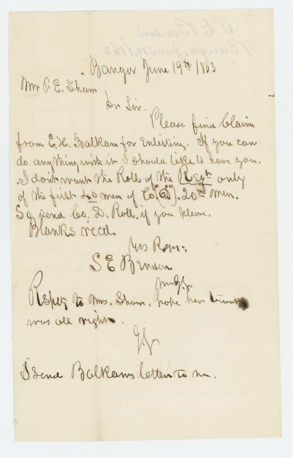 Miniature of S.E. Benson regarding enlistment claim for E.H. Balkam