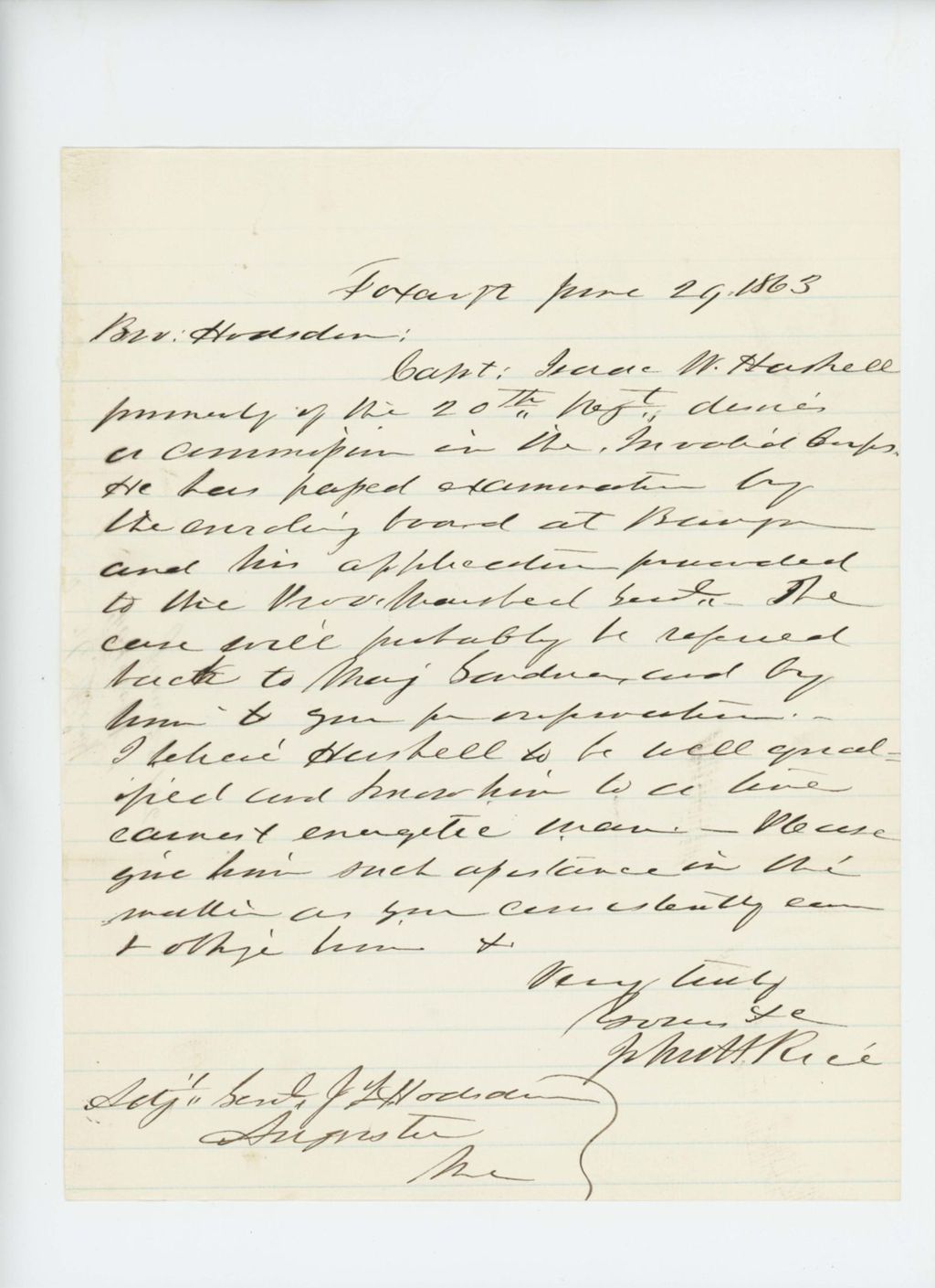 Miniature of John H. Rice recommends Captain Isaac W. Haskell for position in the medical corps