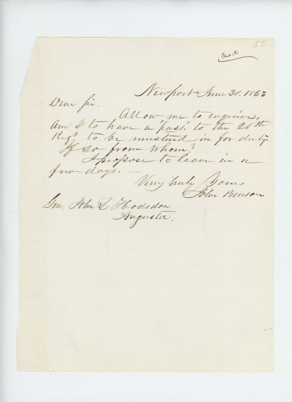 Miniature of Dr. John Benson inquires about a travel pass to the regiment to be mustered in