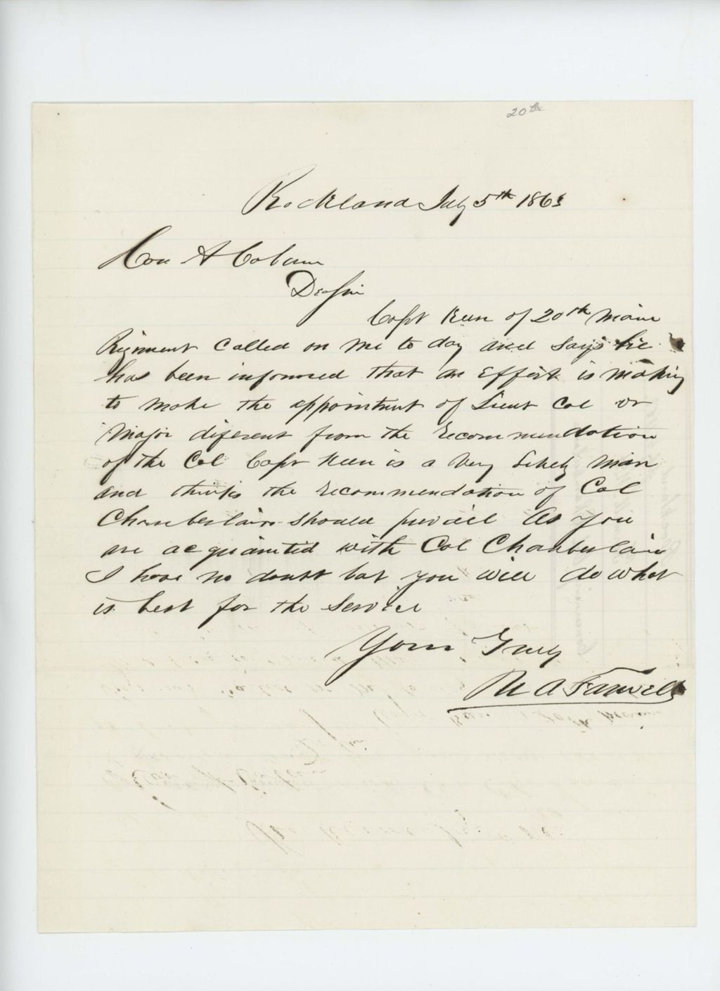 Miniature of M.A. Farwell writes Governor Coburn regarding recommendation of Colonel Chamberlain