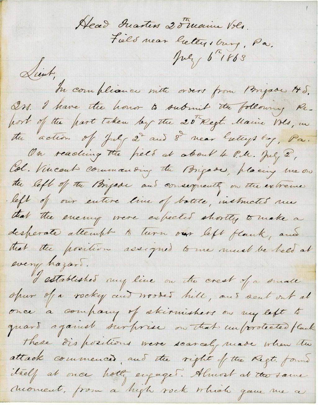 Miniature of Chamberlain's Gettysburg battle report