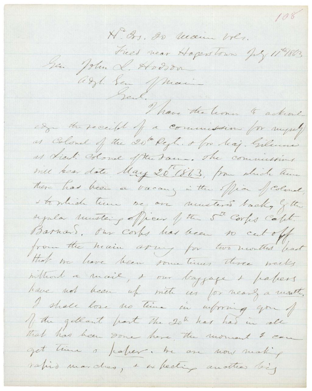 Miniature of Chamberlain writes to Adjutant General Hodsdon regarding the lack of supplies