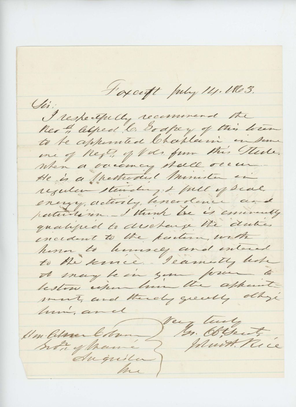 Miniature of John H. Rice recommends Reverend Alfred C. Godfrey for chaplain
