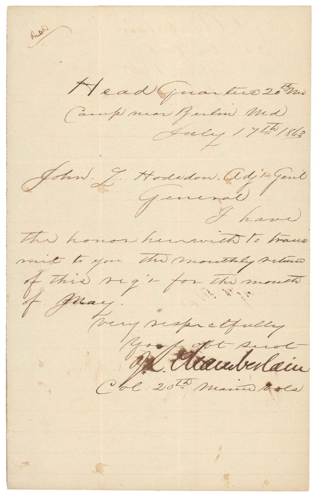 Miniature of Chamberlain cover letter to John Hodsdon regarding May monthly return