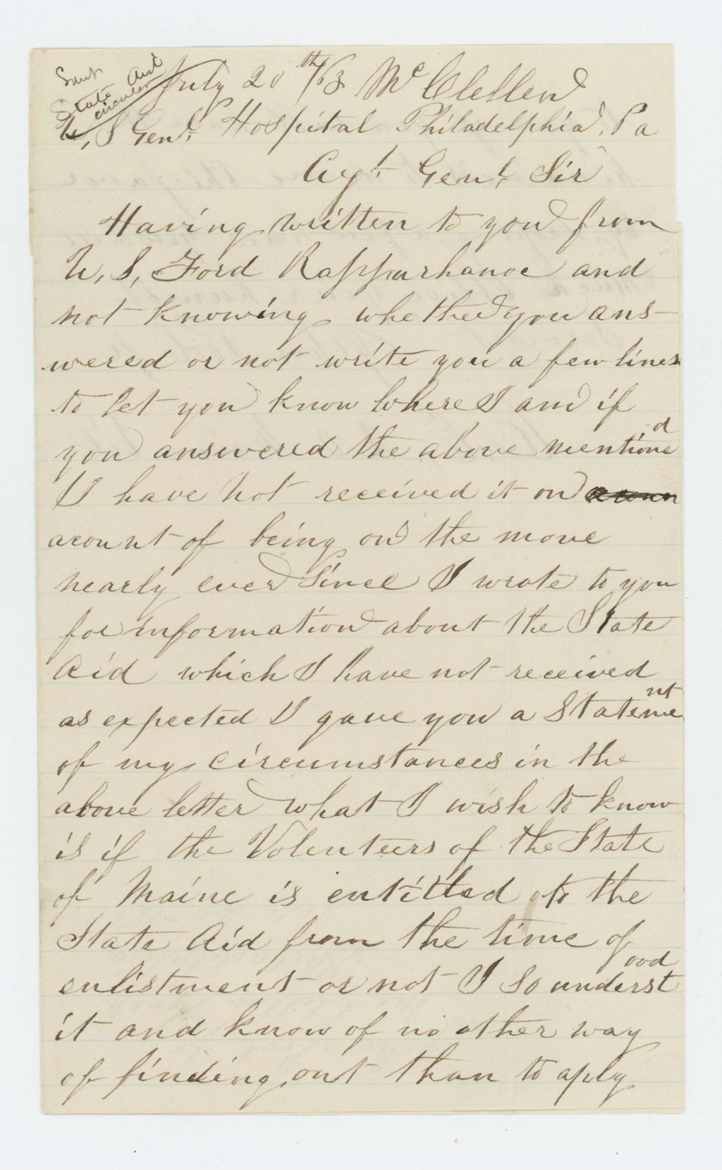 Miniature of John Pool, Jr. writes from McClellan Hospital in Philadelphia inquiring about state aid for enlisting