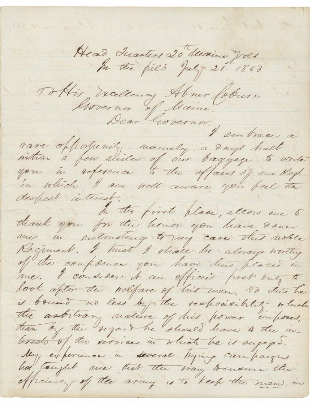Miniature of Letter from Chamberlain to Governor Coburn after Gettysburg