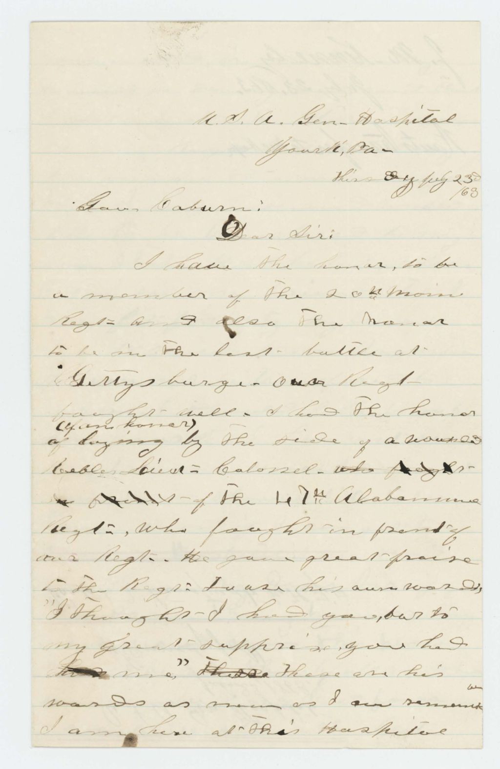 Miniature of J.M. Kennedy writes from the US General Hospital requesting transfer to hospital in Maine or New York