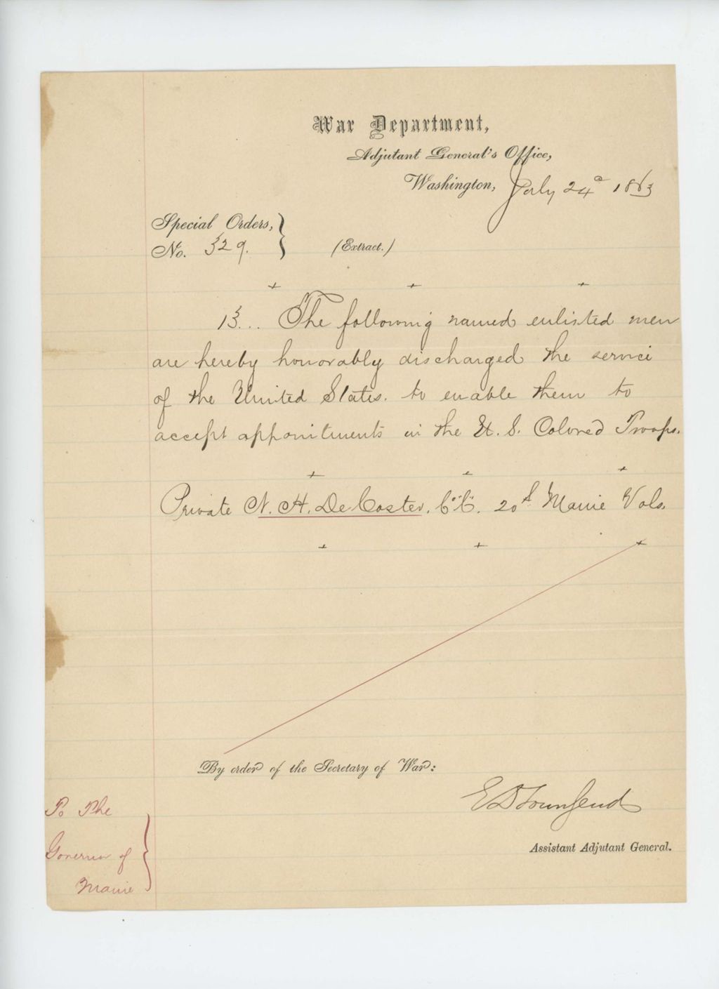Miniature of Special Order 329, honorably discharging Private N.H. DeCoster to enable him to accept appointment in the US Colored Troops