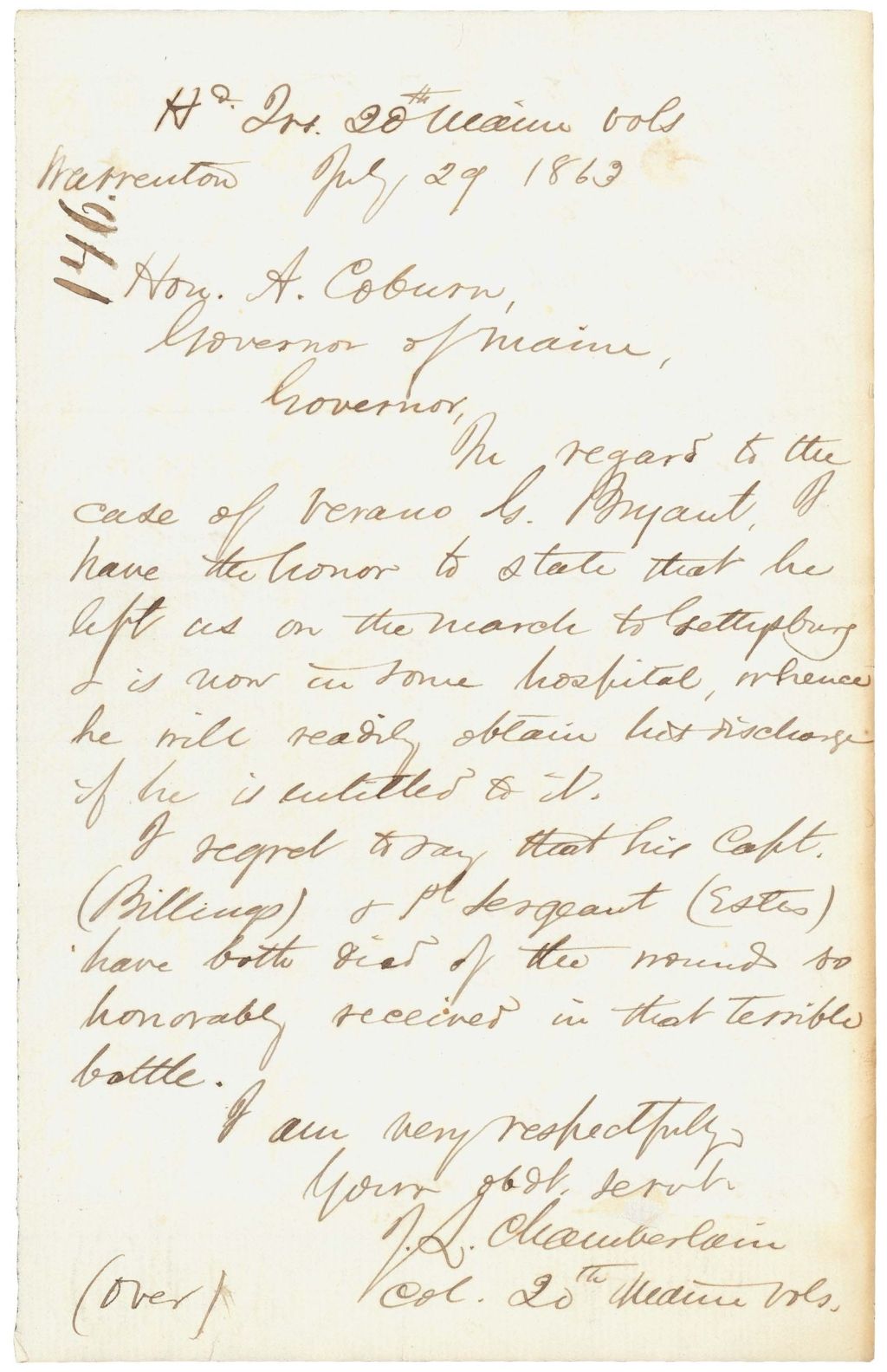 Miniature of Colonel Joshua L. Chamberlain writes regarding Verano Bryant and deaths of Billings and Estes