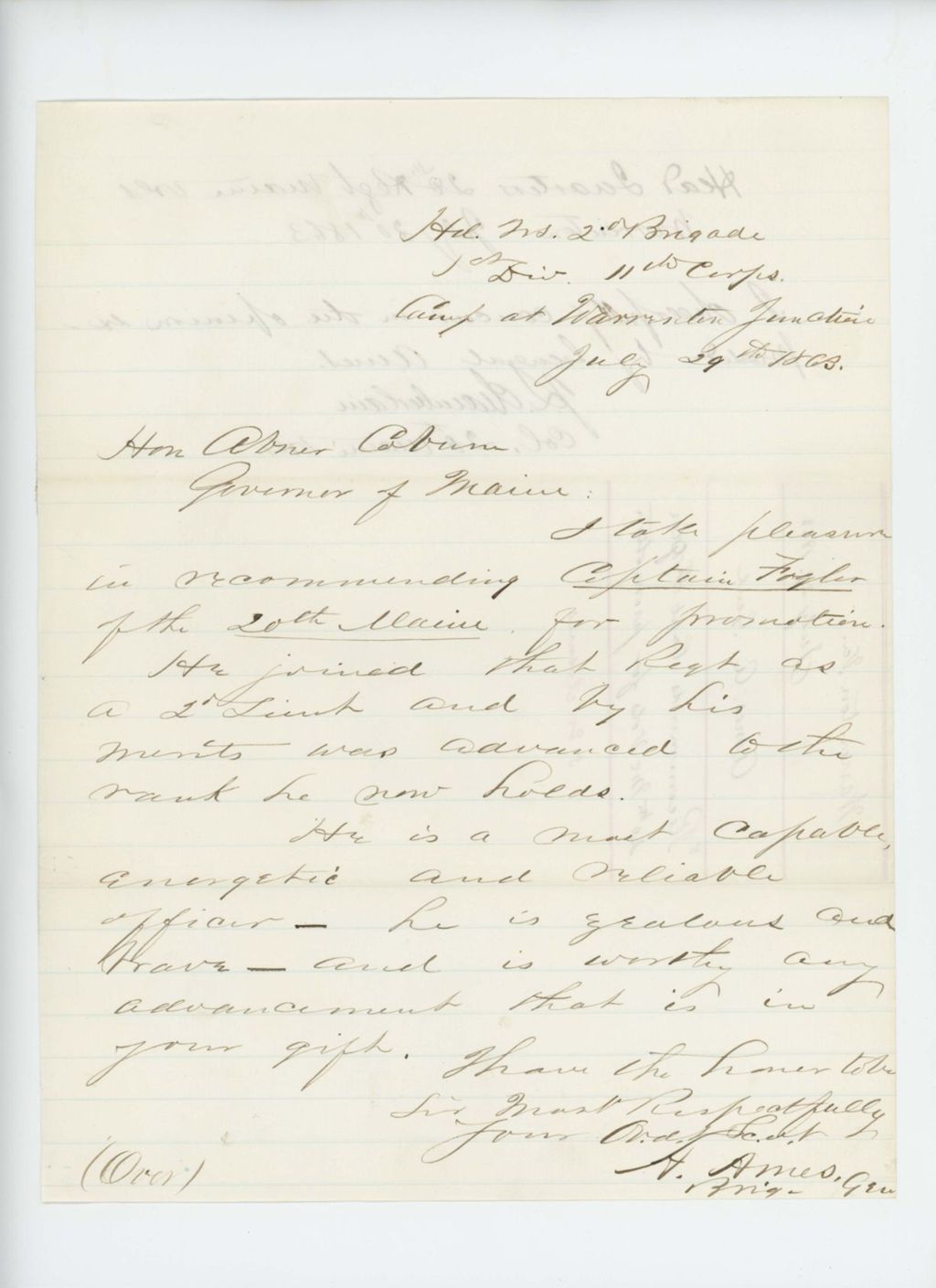 Miniature of Colonel Adelbert Ames and Colonel Chamberlain recommend Captain Fogler for promotion