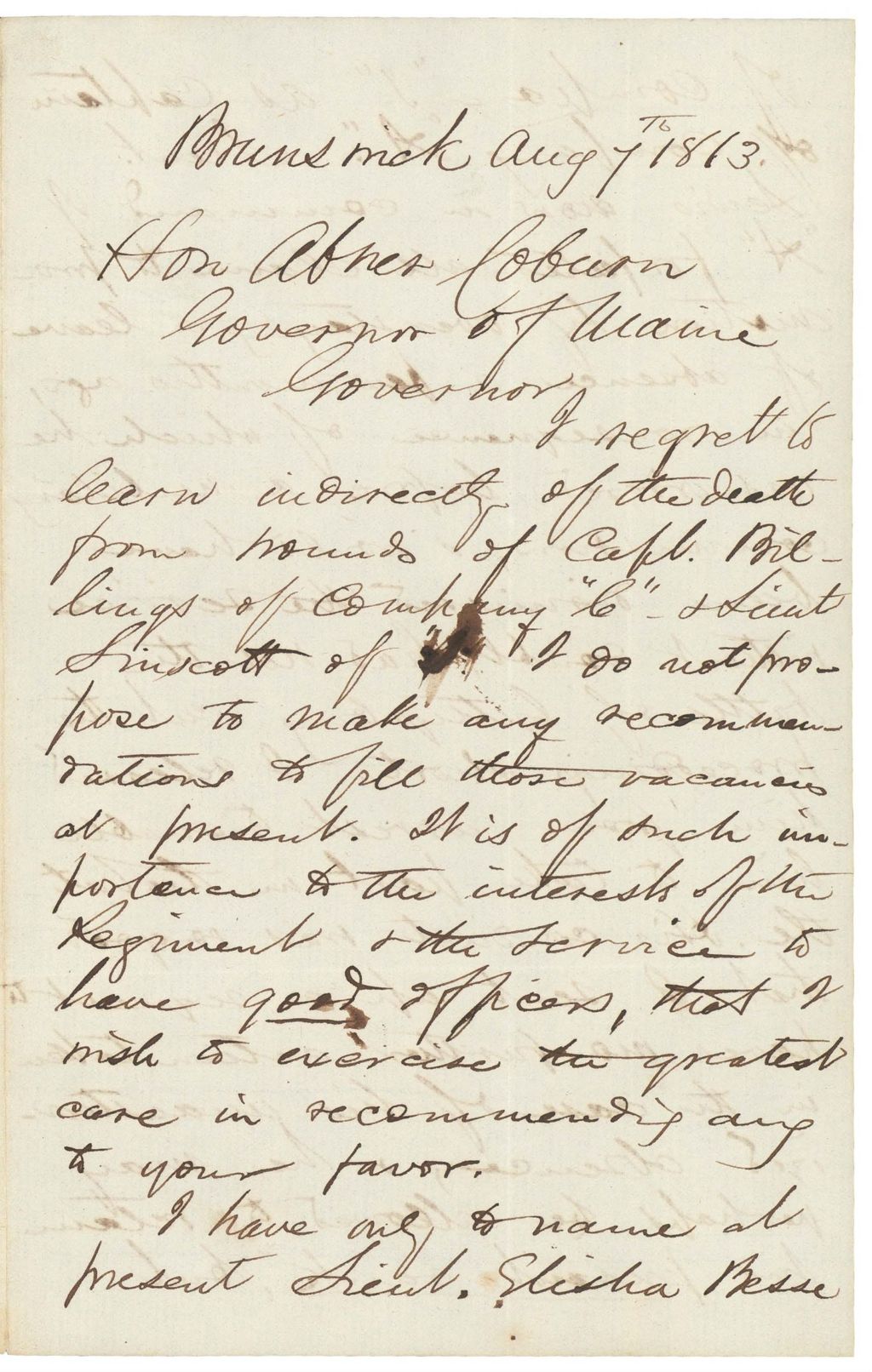 Miniature of Chamberlain writes to Governor Coburn regarding deaths of Billings and Linscott