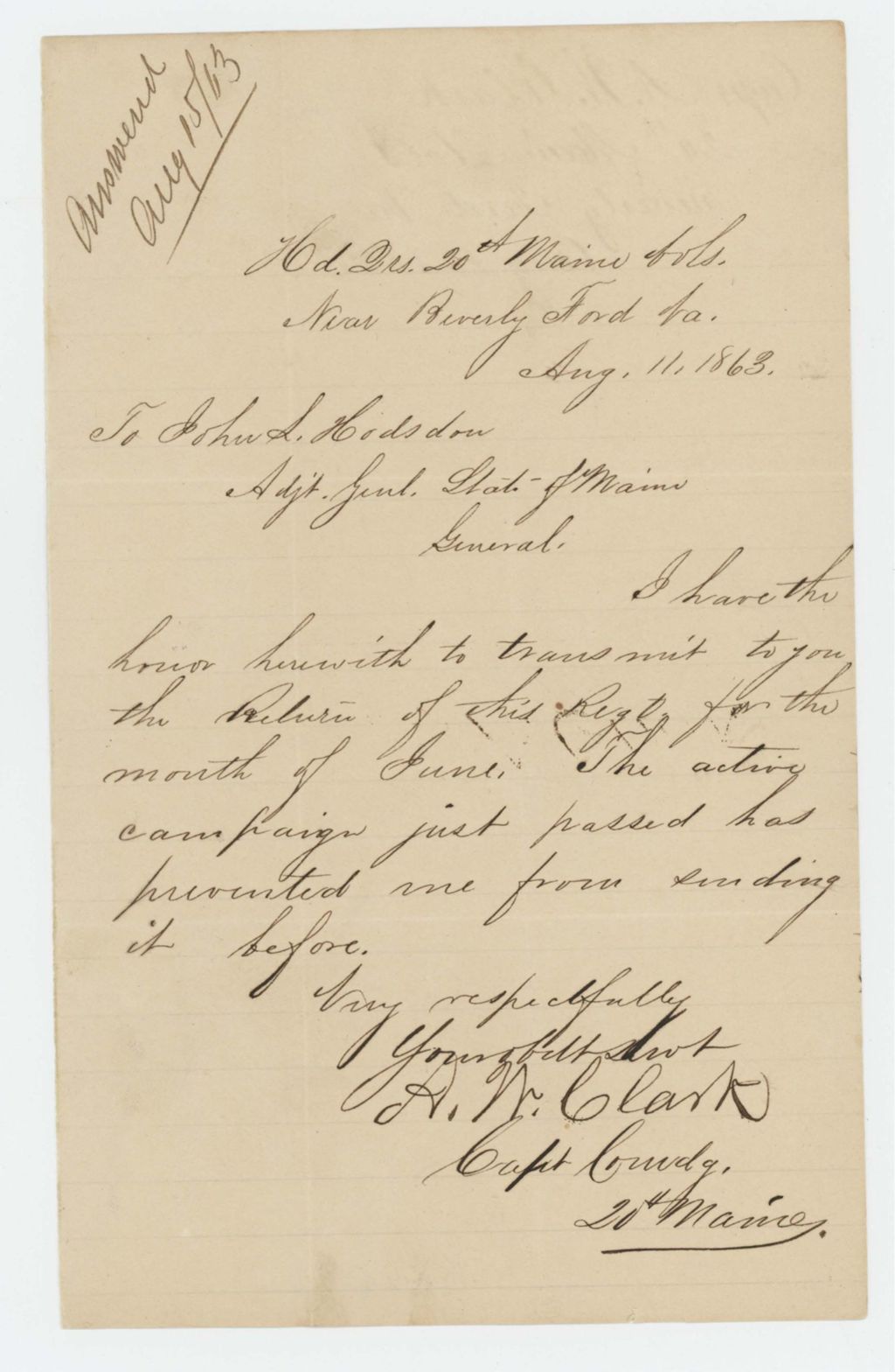 Miniature of Captain Atherton W. Clark sends regimental returns to Adjutant General Hodsdon