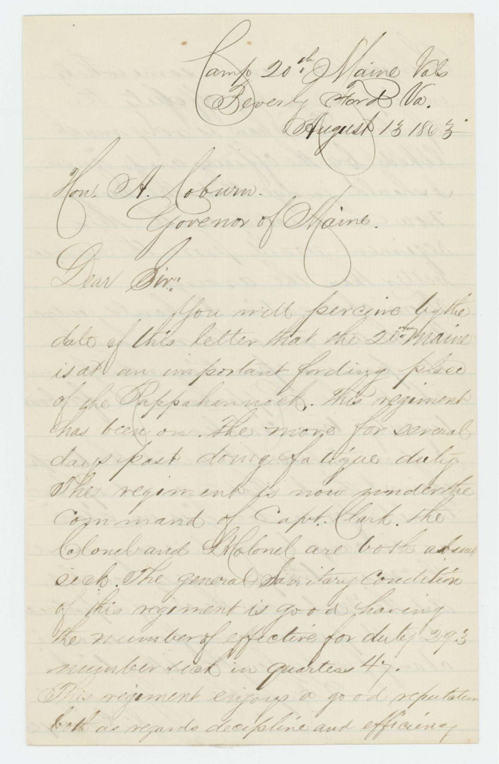 Miniature of C.C. Hayes writes Governor Coburn about the status of the regiment