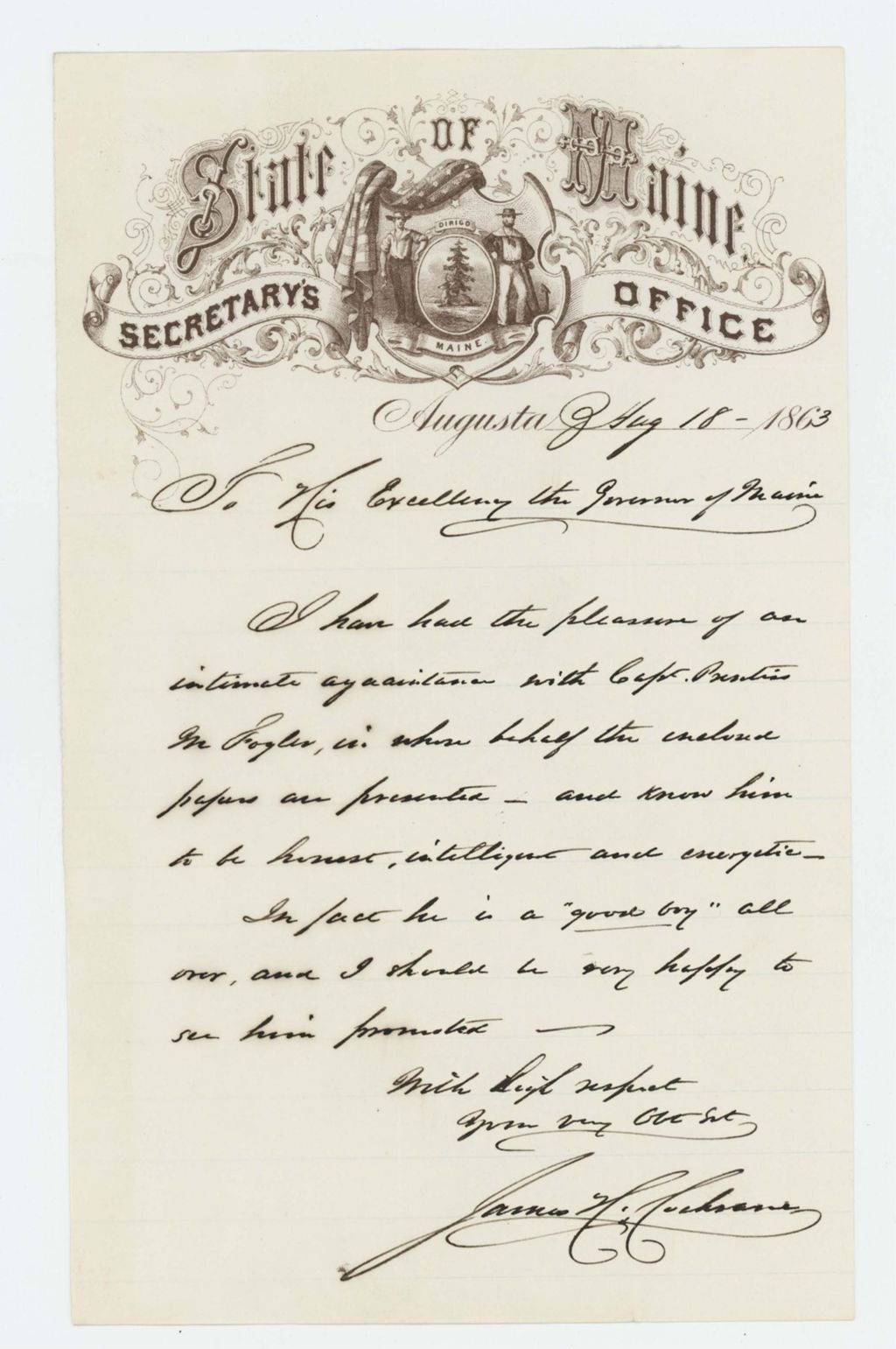 Miniature of James Cochrane recommends Captain Prentiss M. Fogler for promotion