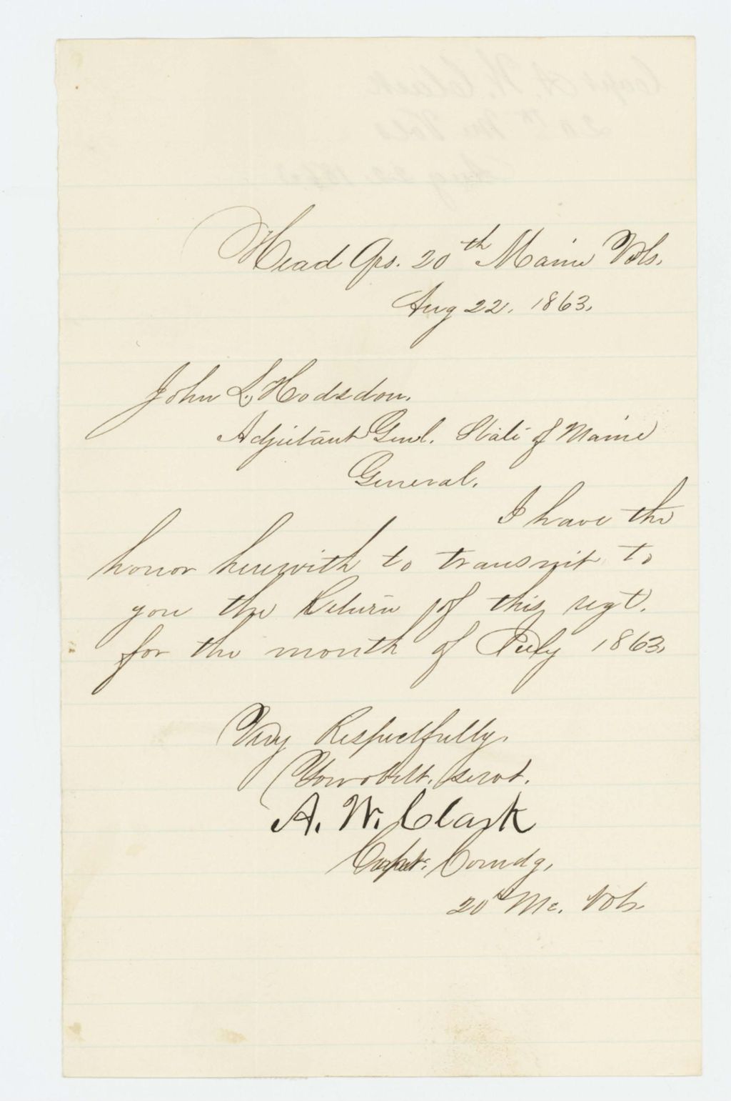 Miniature of Captain Atherton W. Clark sends the July 1863 regimental return