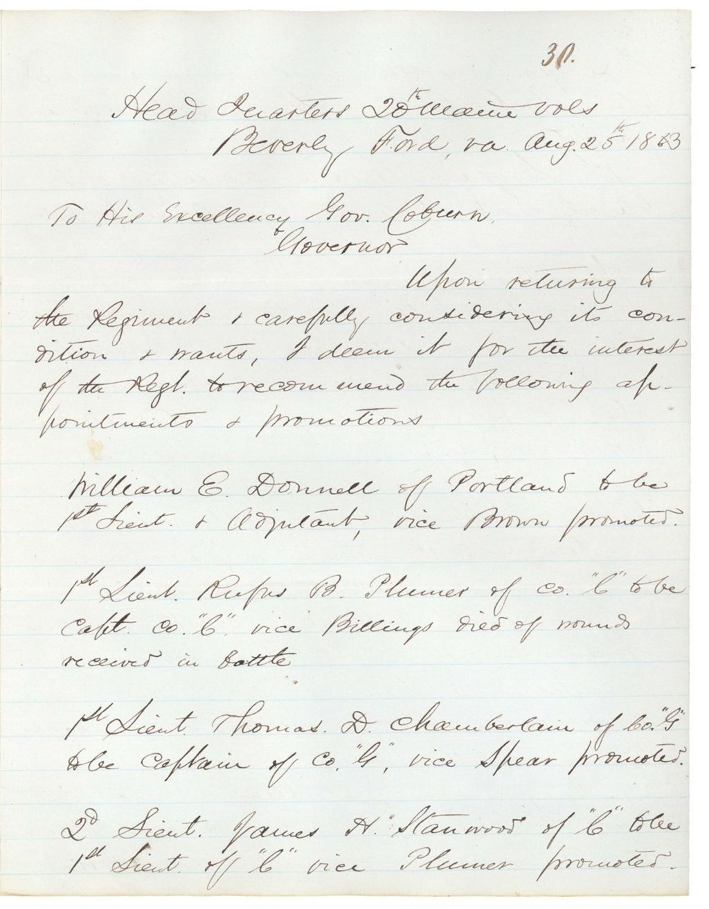 Miniature of Letter from Chamberlain regarding 3rd Brigade Command
