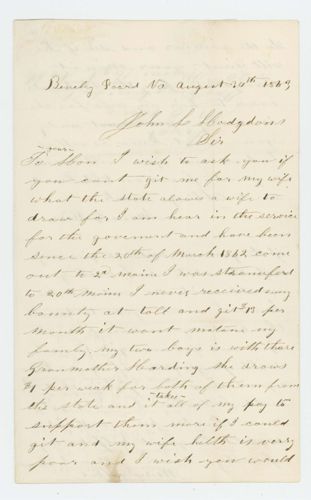 Miniature of Private Moses G. Rice requests help in obtaining state aid for his wife
