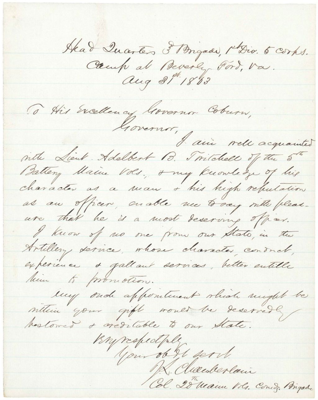 Miniature of Chamberlain recommends Adelbert Twitchell for promotion