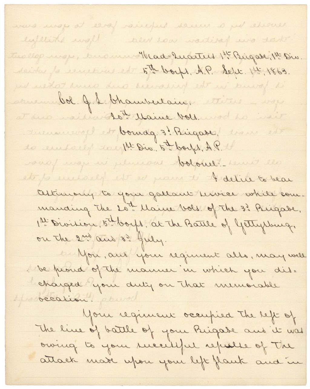 Miniature of Letter from Brigadier General James Barnes to Chamberlain regarding Gettysburg