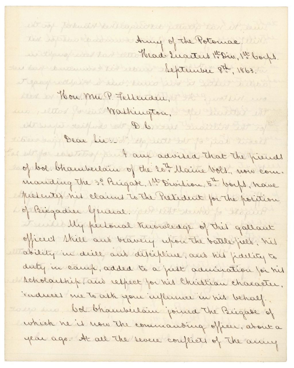 Miniature of Brigadier General James Rice recommends Chamberlain for promotion to Brigadier General
