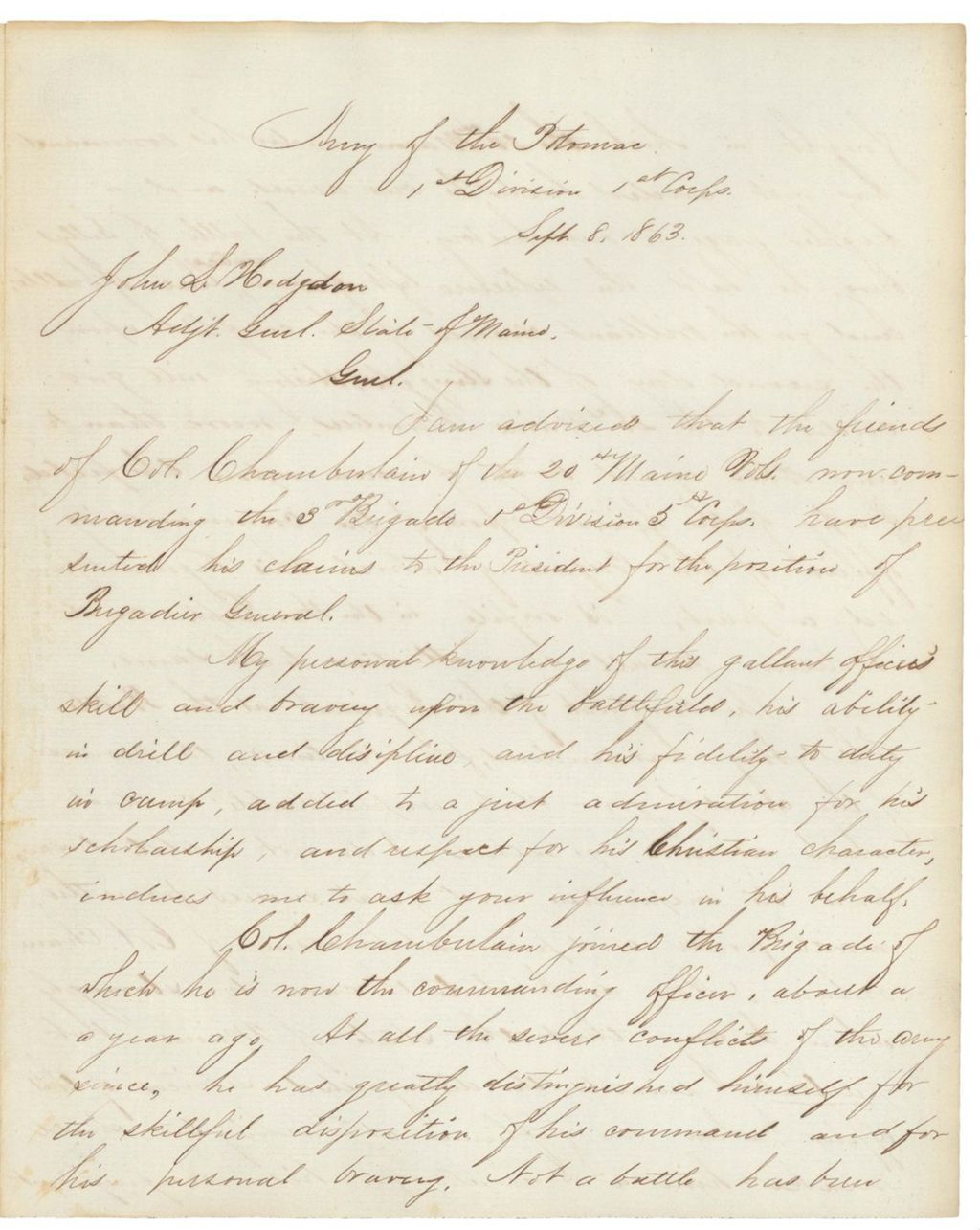 Miniature of Brigadier General James C. Rice to Hodsdon recommending Chamberlain's promotion