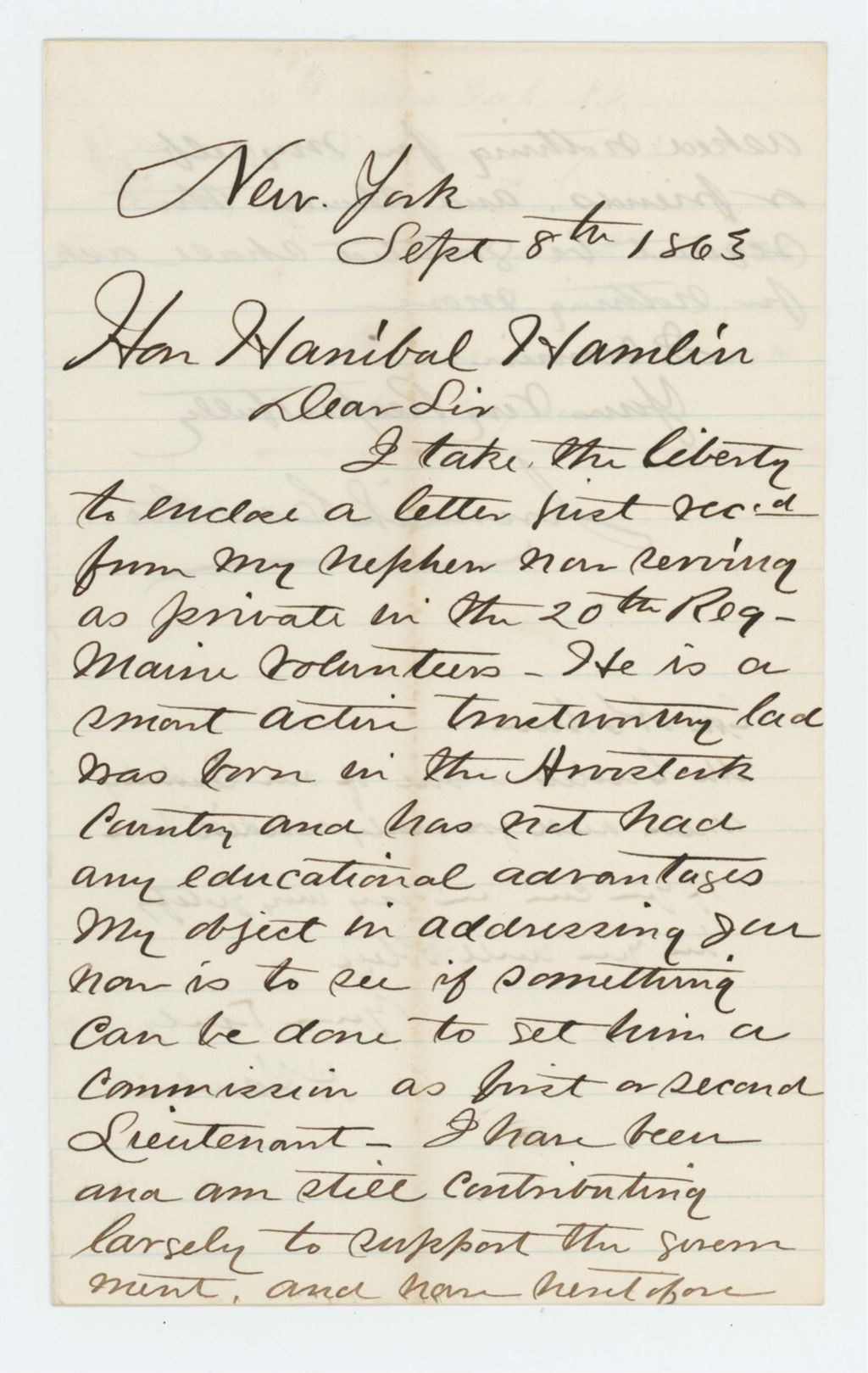 Miniature of Jeremiah Curtis writes to Hannibal Hamlin requesting a commission for his nephew